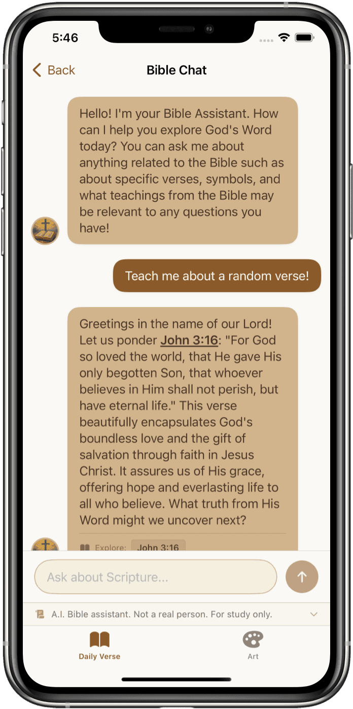 Bible Chat app interface showing verse-based conversation